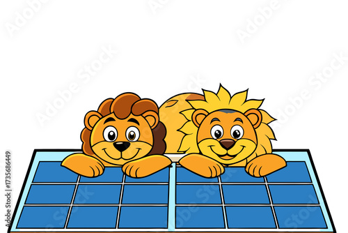 Two funny lion cubs are lying on a solar battery.