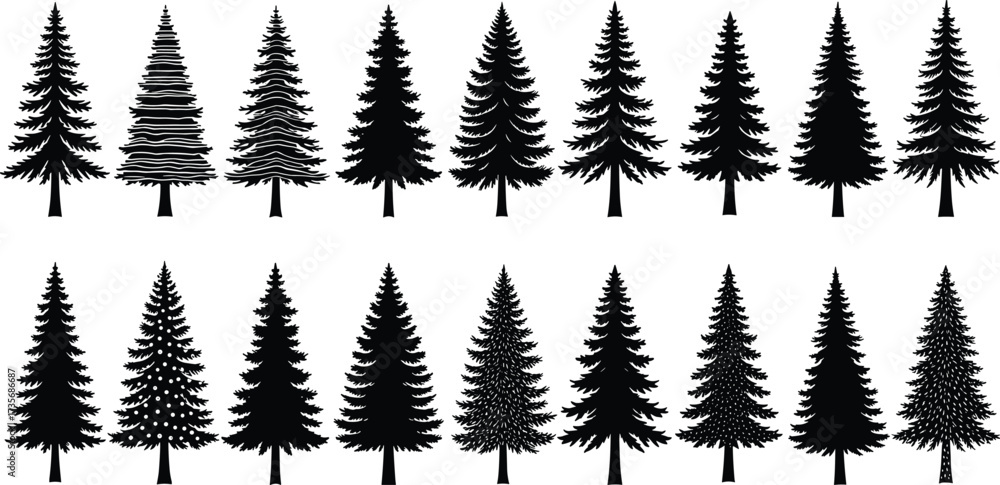 Fototapeta premium Coniferous tree silhouette set, evergreen tree shapes, forest elements, black outline, nature design, vector illustration, pine trees, botanical forms