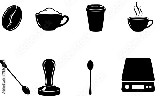 Coffee Making Tools and Icons Silhouette Vector Set

