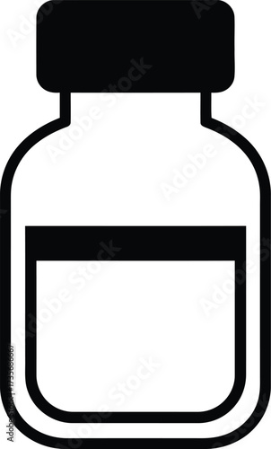 Simple outline icon of a small medicine bottle with a black cap and liquid inside silhouette