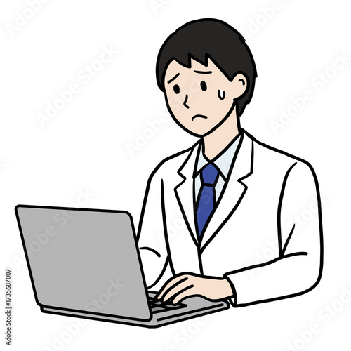 PC作業する白衣の若い男性（困る）