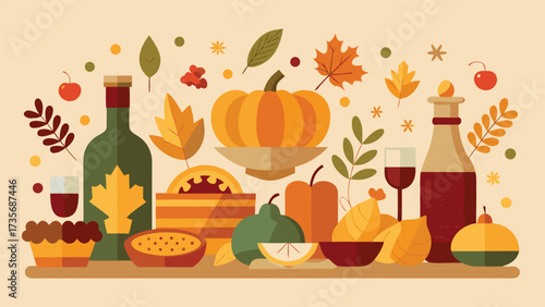 Thanksgiving food clipart set displaying a roasted turkey, side dishes, and autumn decorations on a festive table setting..eps