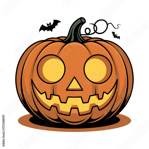 Spooky Halloween Jack O Lantern pumpkin with flying bats and glowing eyes scary isolated on a transparent background