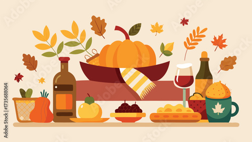 colorful clipart set featuring various Thanksgiving foods, including turkey, pumpkins, and pies on a festive table..eps