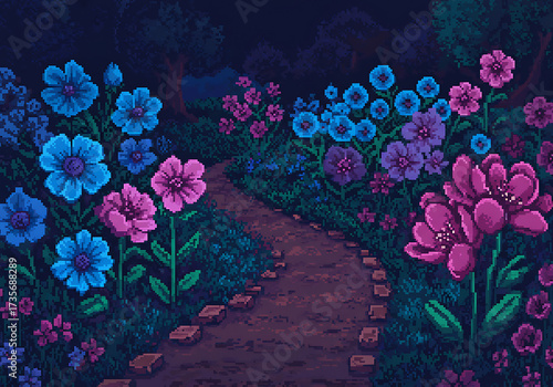 Pixel Art Night Garden Path Flowers