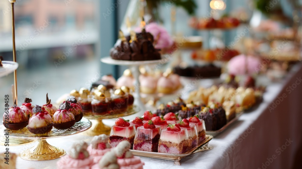 Naklejka premium Exquisite display of desserts at a buffet showcasing various sweet treats in a bright setting
