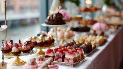 Exquisite display of desserts at a buffet showcasing various sweet treats in a bright setting