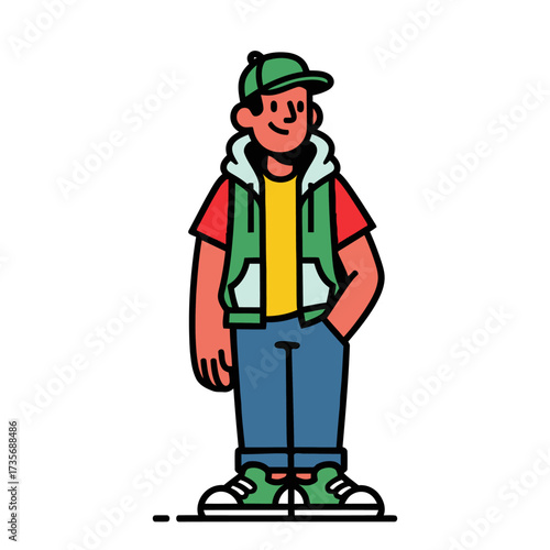 Flat character illustration, big and bold style. A stylish young man dressed in casual clothing, including a baseball cap, hoodie, and jeans, stands with his hands in his pockets