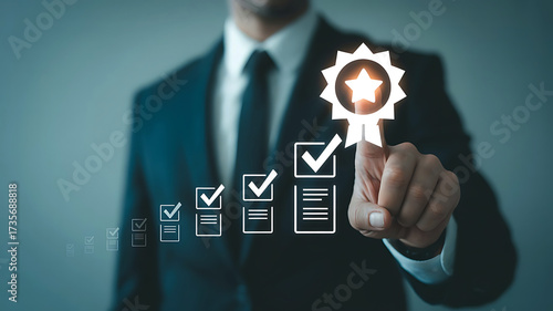 Quality Assurance and Business Compliance with Checkmarks Man in Suit Pointing with Finger