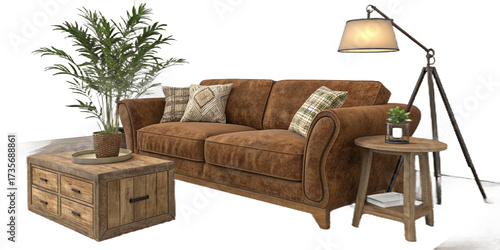 Comfortable contemporary living room interior design with leather sofa and stylish wall decor