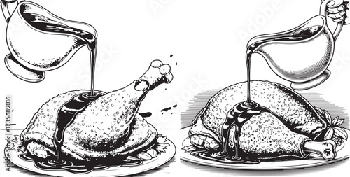 Classic Engraved Illustration of Roasted Poultry with Gravy Pour