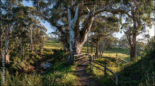 Sunlit Trail Leading To Mature Eucalyptus Tree In Grassy Landscape