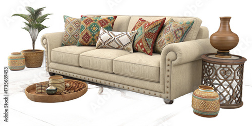 Luxury modern living room interior design with a comfortable leather sofa and stylish wall decor