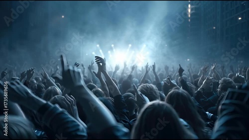 Energetic crowd night concert with blue light and raised hand outdoor festival, cheering audience and live music city street as stage lights and smoke glow, unity and joy vibrant urban show cool haze
