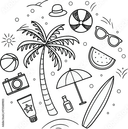 Doodle Beach Day Dream A Whimsical Black and White Summer Adventure with Classic Vacation Elements in Sketch Style