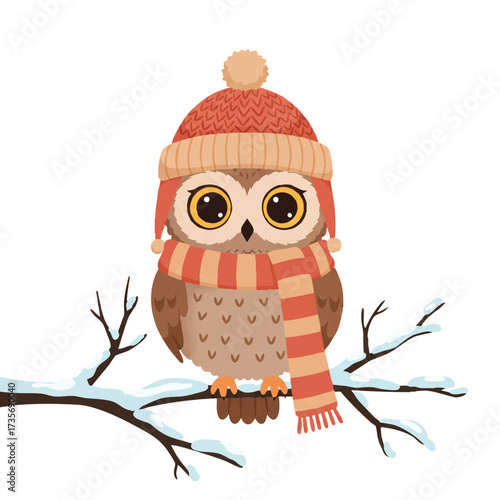 A happy, cute owl in a cozy knitted winter hat and long scarf, perched on a snowy tree branch. This vibrant 2D flat vector illustration features clean outlines on a white background.
