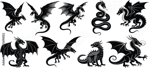 Dragon silhouettes, fantasy creatures, mythical beasts, flying dragons, black vector icons, reptile monsters, medieval design, tattoo art, mythology, illustration