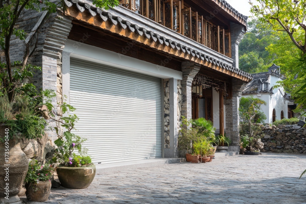 Obraz premium Elegant Asian Architecture with Garage and Lush Greenery.