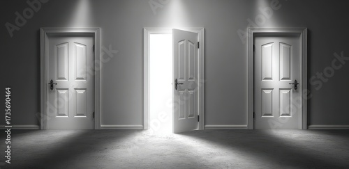 Three Closed Doors and One Open Door with Bright Light Shining Through a Dark Gray Wall Interior