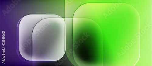 Abstract composition. Rounded squares overlap, creating gradient effects. Purple transitions to vibrant green. Minimalist design, modern aesthetic.