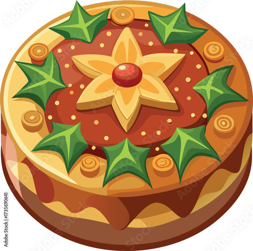 Christmas Fruitcake Traditions golden cake with red and green fruit arrangement