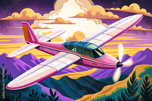 "Pink and white glider craft set against a clean stark sky background, highlighting sleek aerodynamic design, illustrated in professional high-quality vector style, perfect for stock imagery