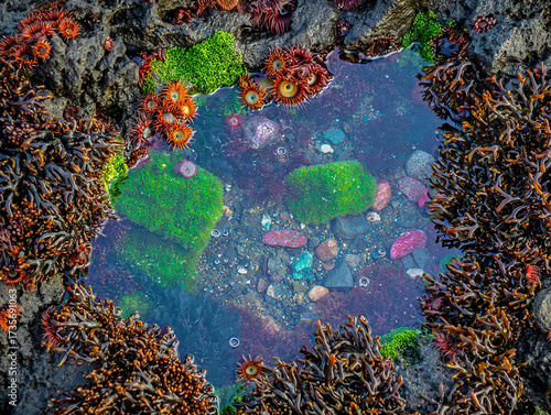 Sea anemones tide pool algae seaweed ocean rocks marine life nature underwater ecosystem vibrant colors