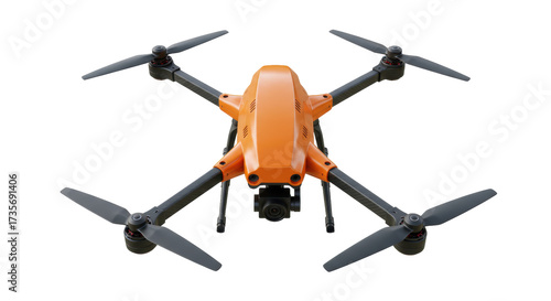 Foto Orange quadcopter drone isolated on transparent background, unmanned aerial vehi