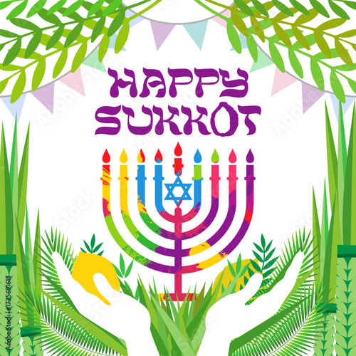 Happy Sukkot celebration graphic design with Menorah and festive decorations. Holiday poster