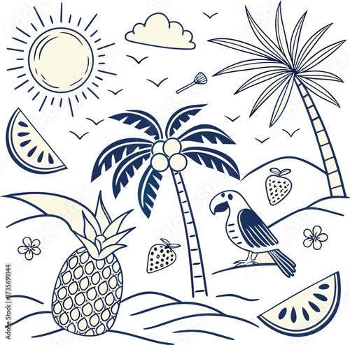 Tropical vacation doodle elements with palm trees pineapple parrot and sun