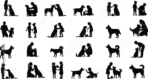 Human and dog silhouettes, pet interaction scenes, emotional bond, black vector icons, companionship moments, animal love, family illustration, design set