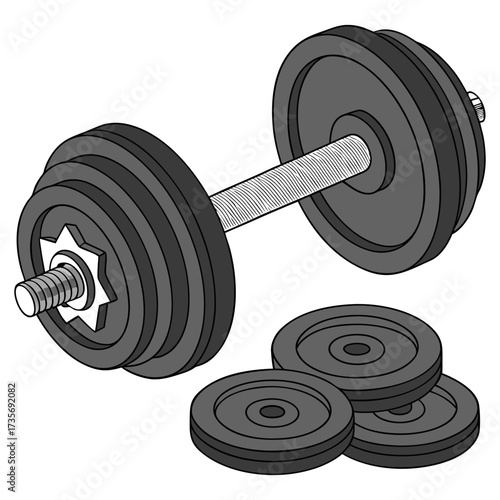 Create a high-resolution, realistic image of a set of adjustable dumbbells with black weight plates and a chrome metal handle. One dumbbell should be fully assembled and resting on its side, while the