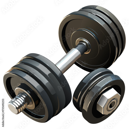Create a high-resolution, realistic image of a set of adjustable dumbbells with black weight plates and a chrome metal handle. One dumbbell should be fully assembled and resting on its side, while the