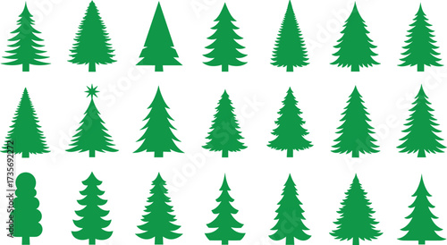 Green pine tree icon set, stylized conifer silhouettes, Christmas tree graphics, nature clipart pack, vector forest elements, eco design assets