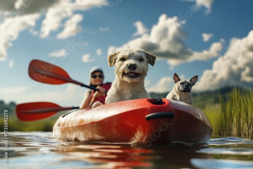 Exciting kayaking adventure with dogs on a sunny day in the countryside