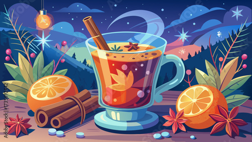 Warm spiced apple cider in a clear mug with cinnamon and star anise on a festive winter evening, cozy atmosphere, seasonal charm, aromatic flavors, inviting scene, perfect for holiday design 
