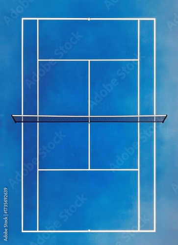 Bird's-eye view of a blue tennis court outlined with white markings.