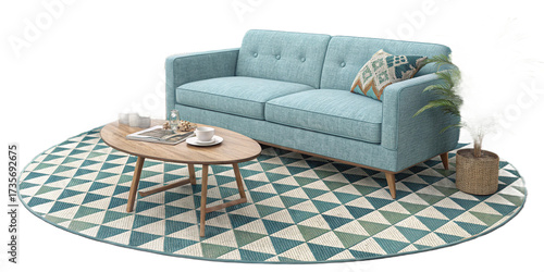 Modern living room design with comfortable sofa, armchair, and contemporary home decor
