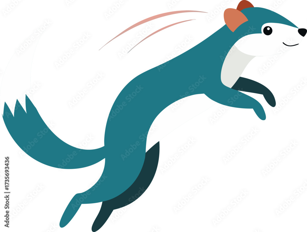 Naklejka premium Playful teal ferret with red earbuds leaping joyfully in mid air against a white background
