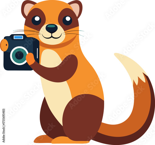 Adorable cartoon ferret holding a black camera in its paws ready to capture memories with a friendly smile
