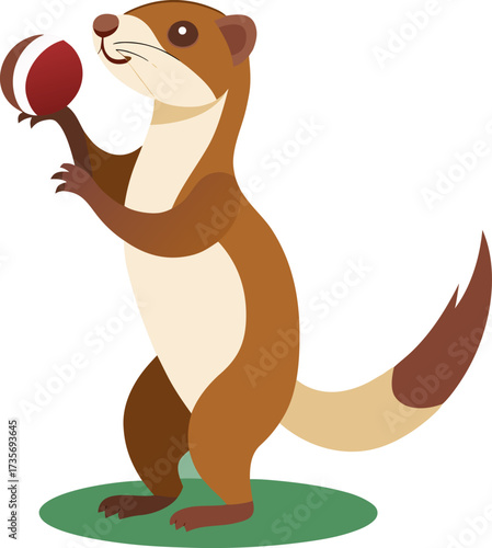 An adorable cartoon weasel or ferret stands on a patch of grass, holding a red and white striped ball.