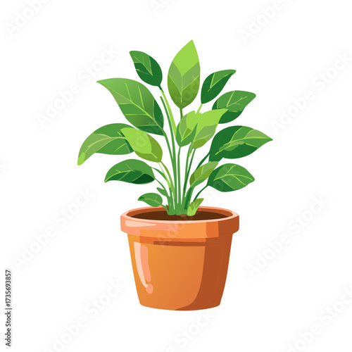 Illustration of Houseplant in Orange Pot, Green Leaves, Indoor Plant in Decorative Container