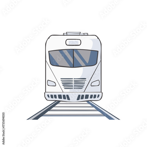 Stylized front view of train on tracks. Modern commuter transportation on steel rails, vector clip art.