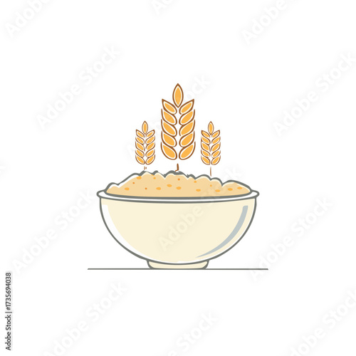 Stylized bowl of porridge with wheat ears concept for healthy breakfast and natural ingredients