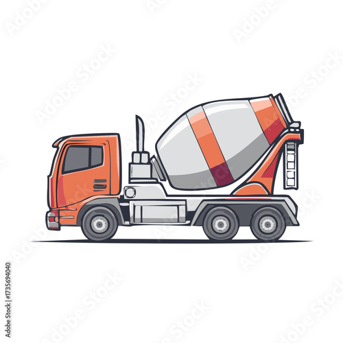Detailed illustration of a concrete mixer truck in orange and gray, transporting essential building material for infrastructure.