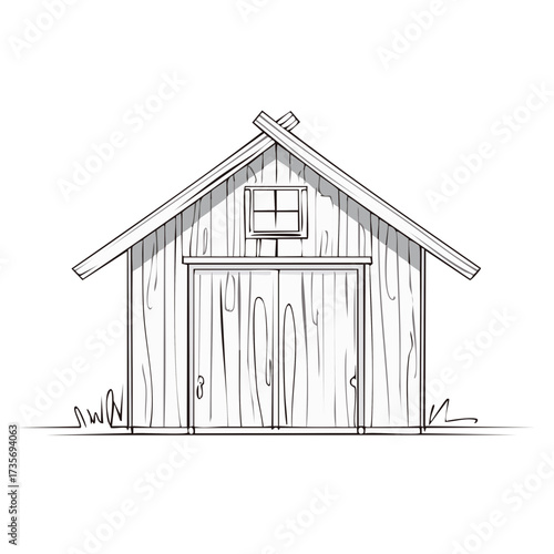 Line art illustration of a rustic wooden shed with a small window and double doors.