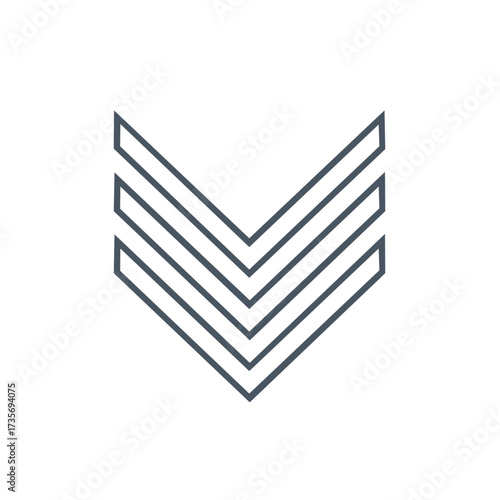 Chevron stripes military rank insignia line icon. Simple geometric vector graphic pointing down.