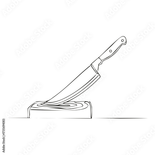 Sharp kitchen knife embedded into cutting block in line art style, ready for food preparation, cooking, meal prep