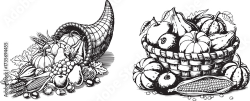 Autumn Harvest Cornucopia and Basket with Seasonal Produce Illustration
