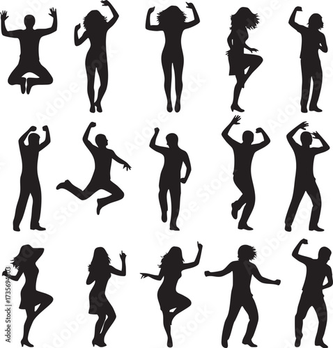 Collection of People Dancing and Celebrating Silhouettes Vector Set
